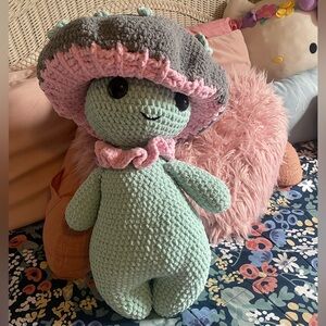 Cute Big Crochet Plush Toy with Pink and Gray Hat
